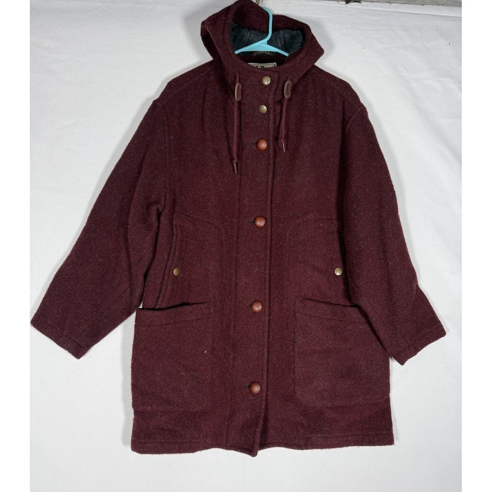 EUC LL Bean Wool Blend Coat Women's Medium Pockets Hooded Burgundy USA VTG 90s